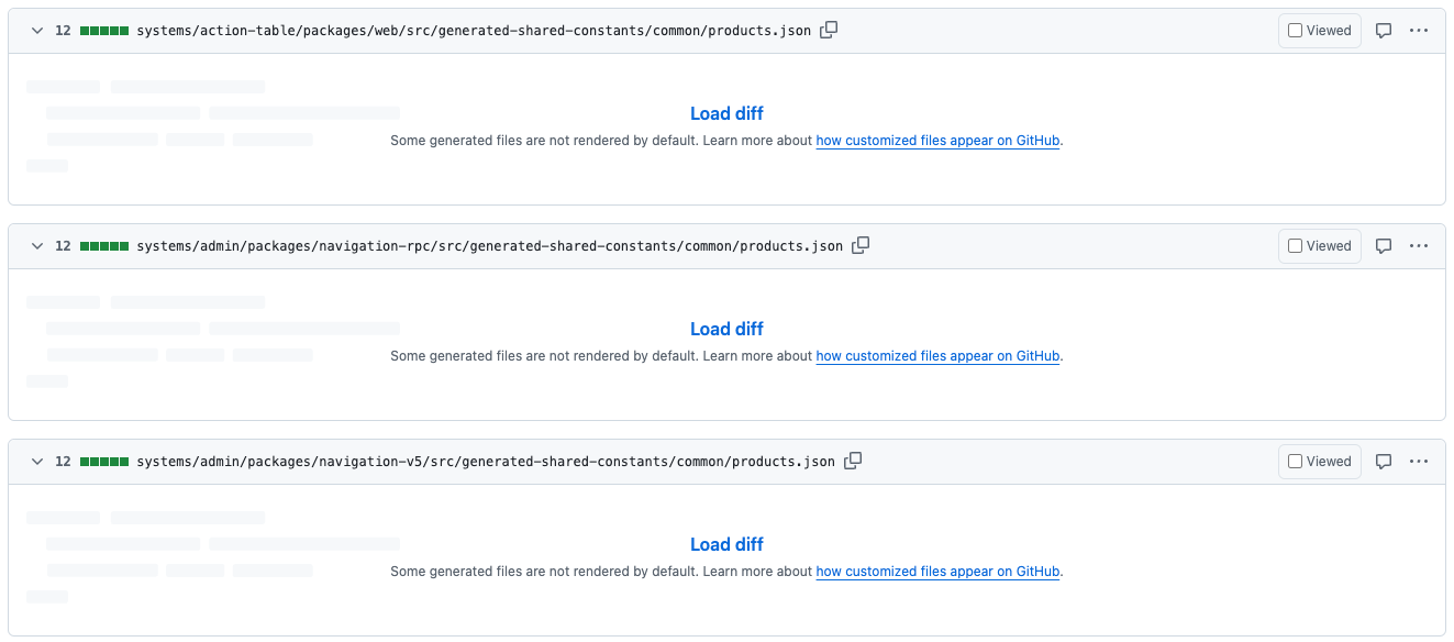 定数ファイルの差分が表示される代わりに、全面を白いスクリーンが覆い被さって「Load diff」と表示されている