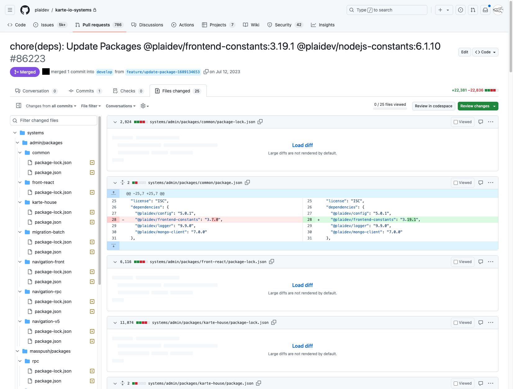 package.jsonに含まれる定数用パッケージのバージョンをシステムをまたいで一斉にアップデートするpull requestが作成されていた