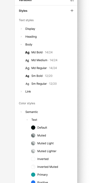 FigmaのStylesのパネルにText stylesやColor stylesが登録されている。